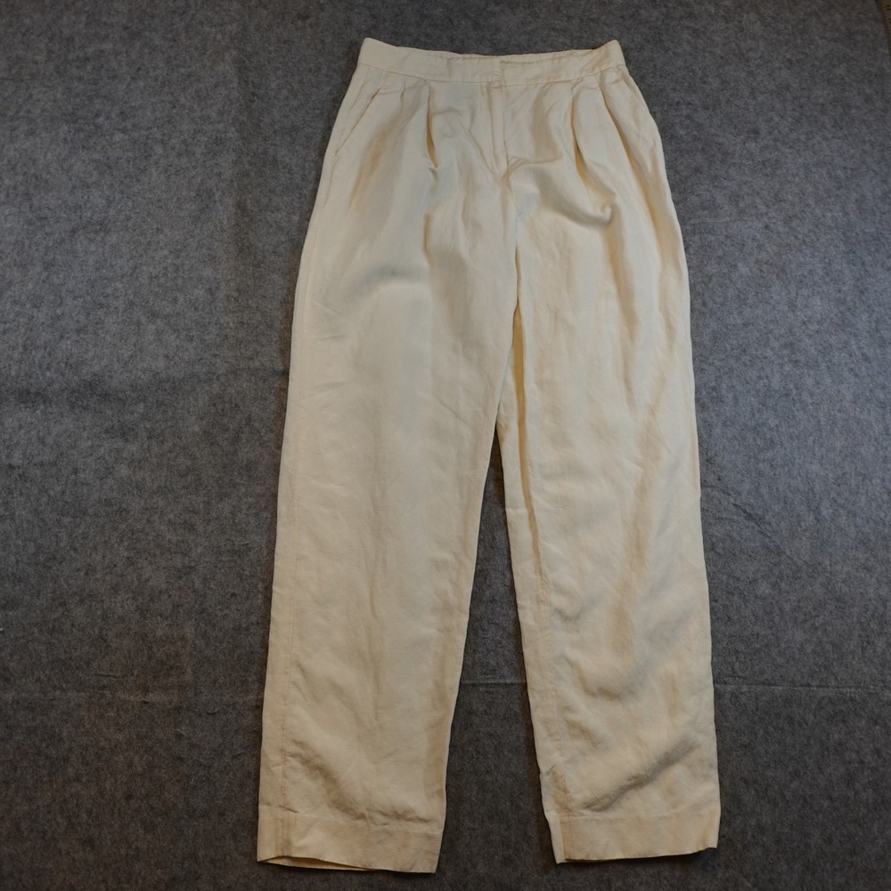 Lafayette 148 Pant Womens 2 Cream Silk Linen Pleated High Rise Straight Leg - Picture 2 of 11